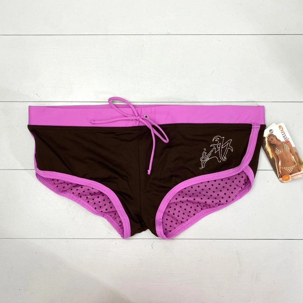 Y2K Maia Bikini Bottoms Womens Large Brown Pink Polka Dot Swimwear Boy Shorts